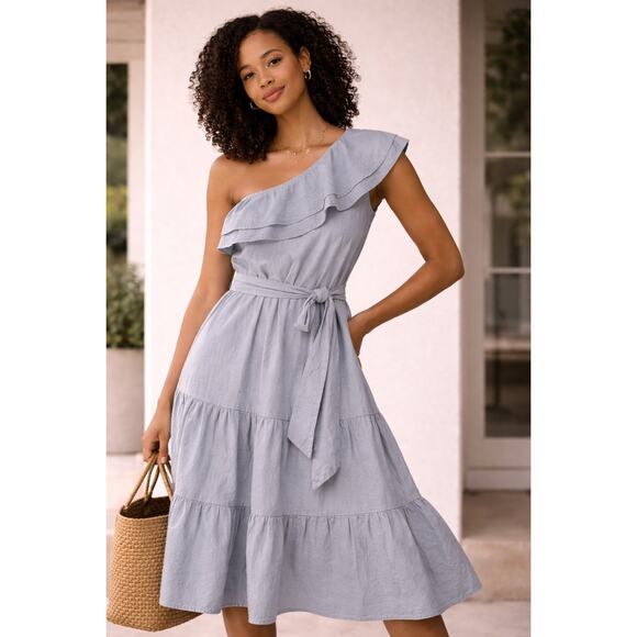 Nicole Miller Dresses & Skirts - Nicole Miller Linen Blend One Shoulder Ruffle Chambray Midi Dress Size M